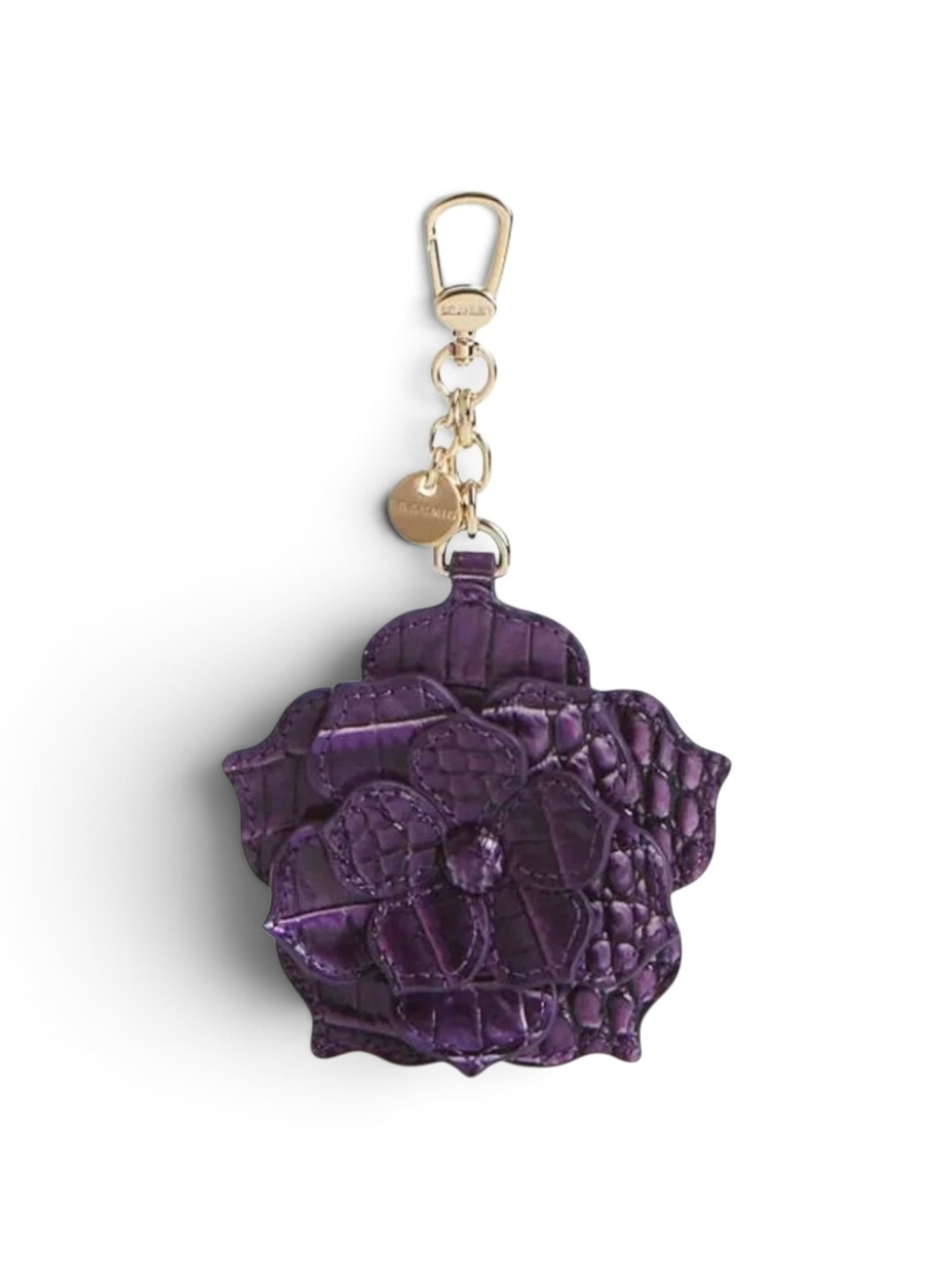 Brahmin Purple Croc-Embossed Floral Leather Keychain Charm with Gold Hardware